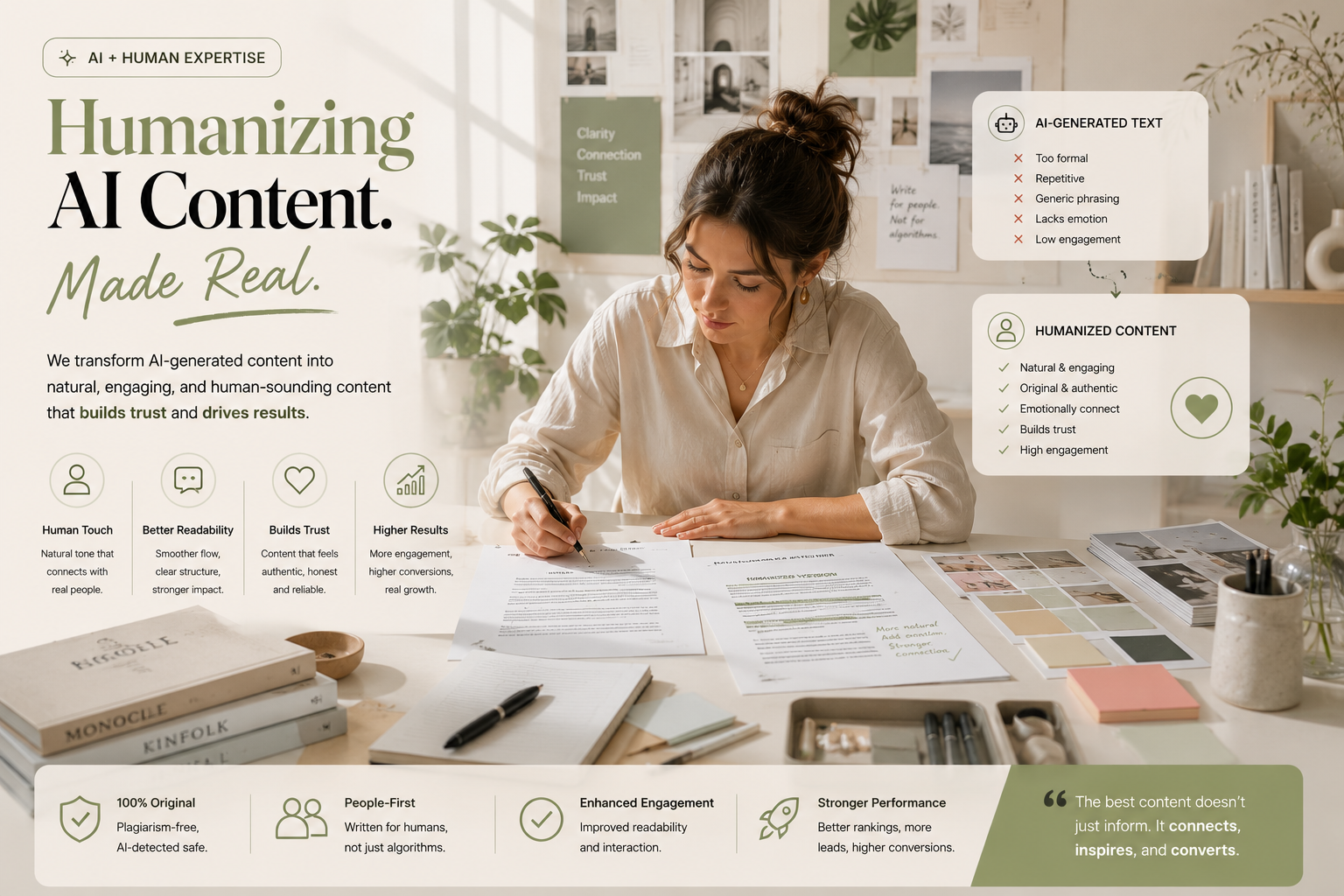Editorial AI content humanization concept focused on natural tone, readability and trust