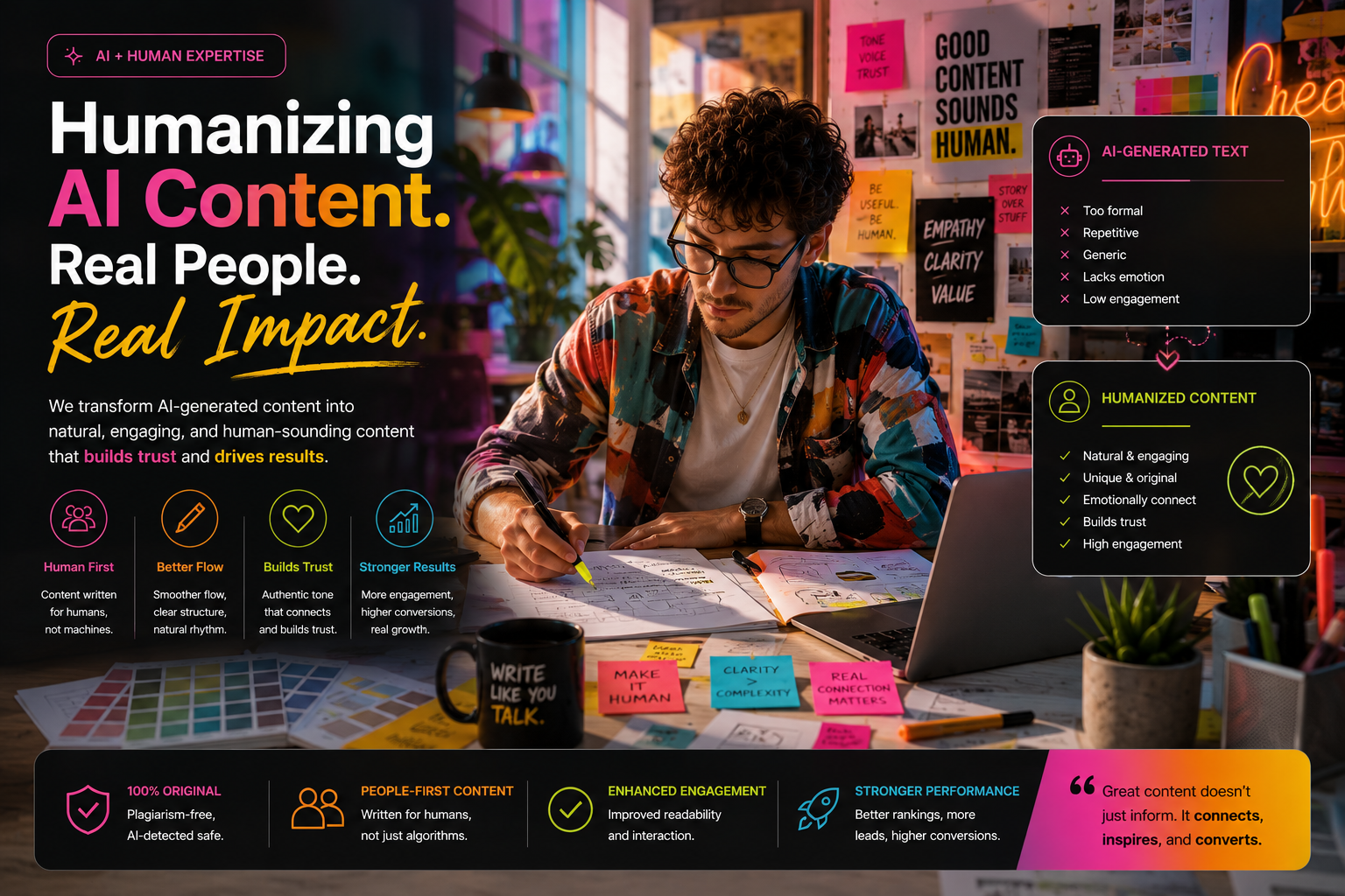 Vibrant AI content humanization workflow emphasizing creative brand voice and engagement