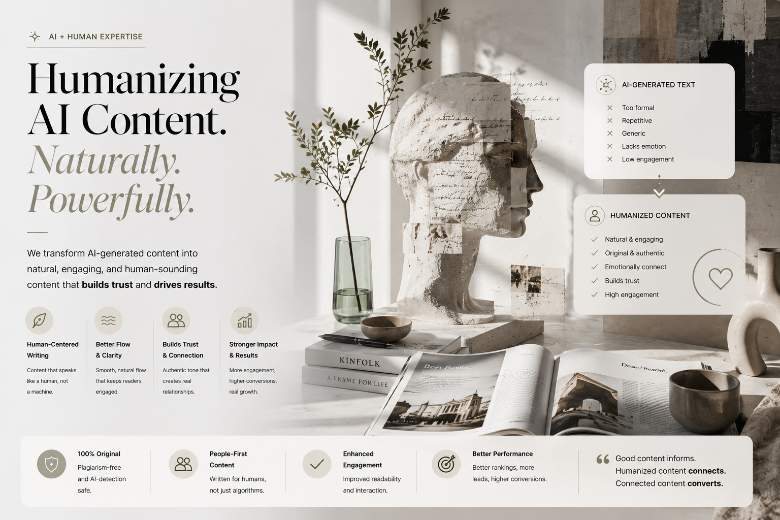 Premium editorial AI content humanization concept with elegant natural language positioning
