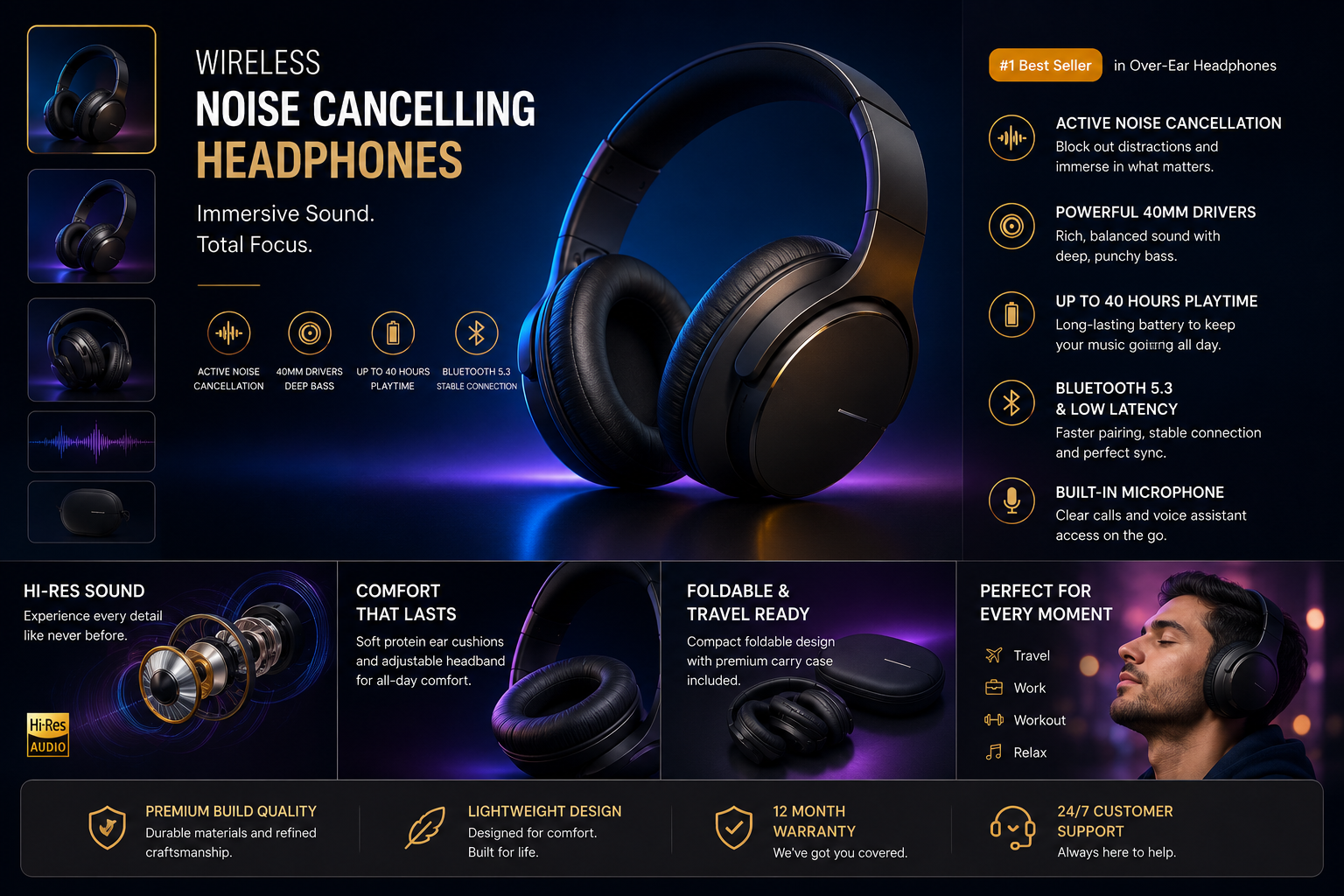 Premium wireless headphone Amazon listing with detailed feature highlights and lifestyle positioning