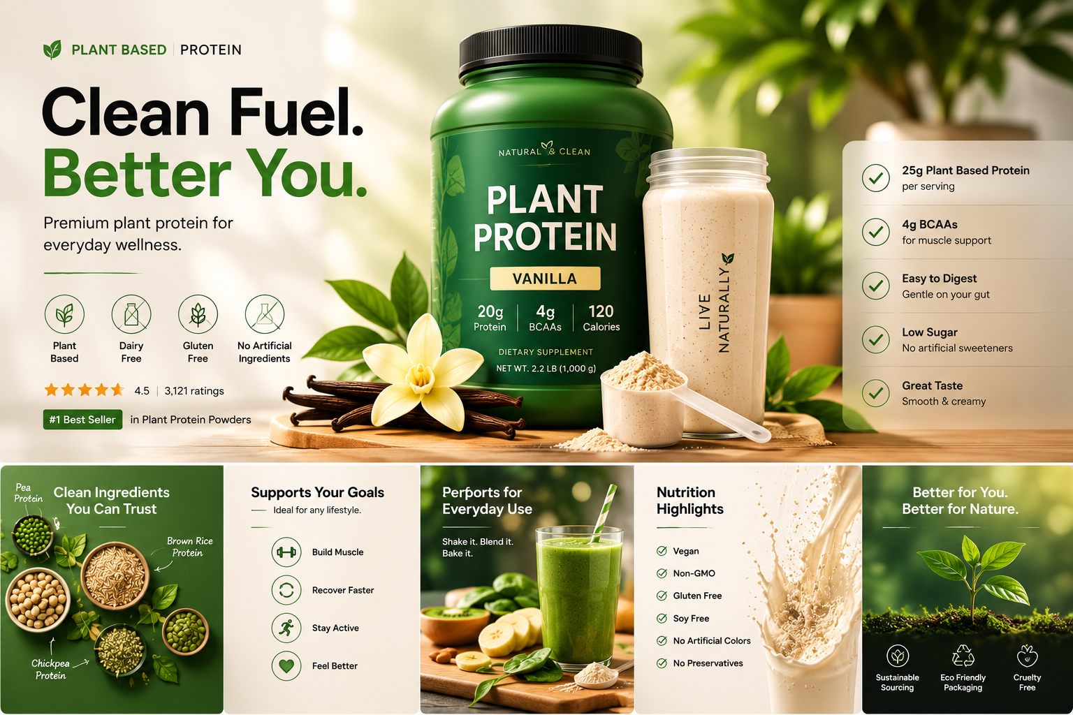 Plant protein Amazon listing highlighting nutrition, wellness benefits and clean ingredients
