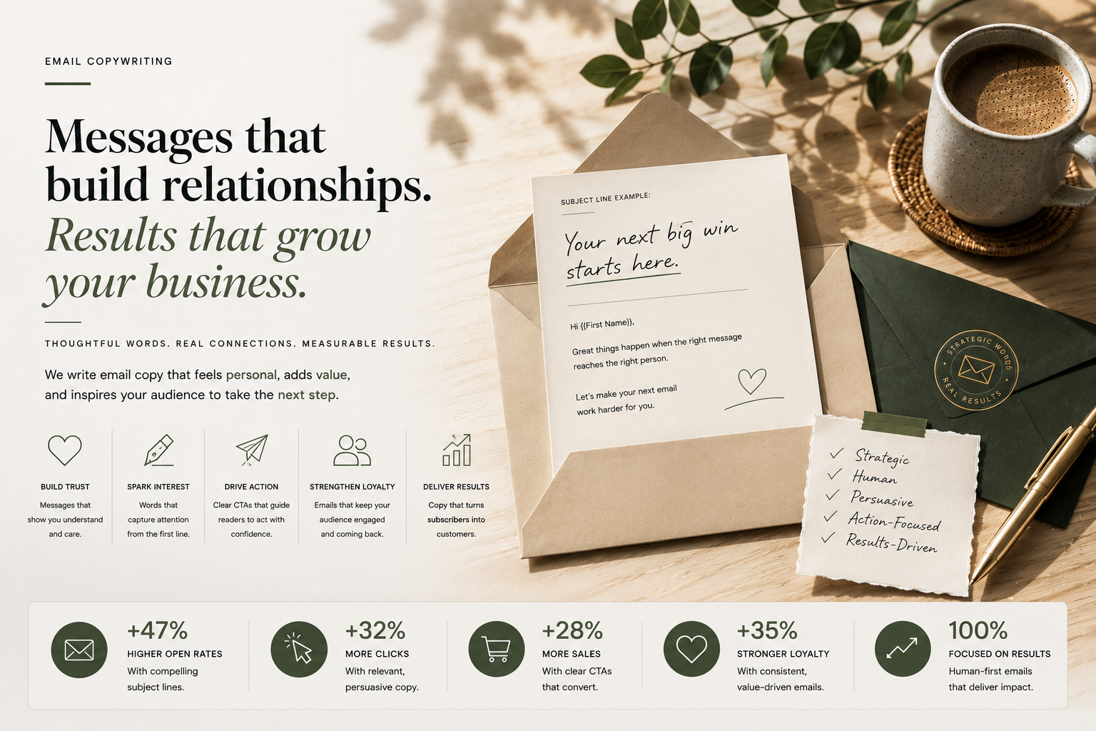 Warm relationship-driven email copywriting concept focused on trust, loyalty and human-centered messaging