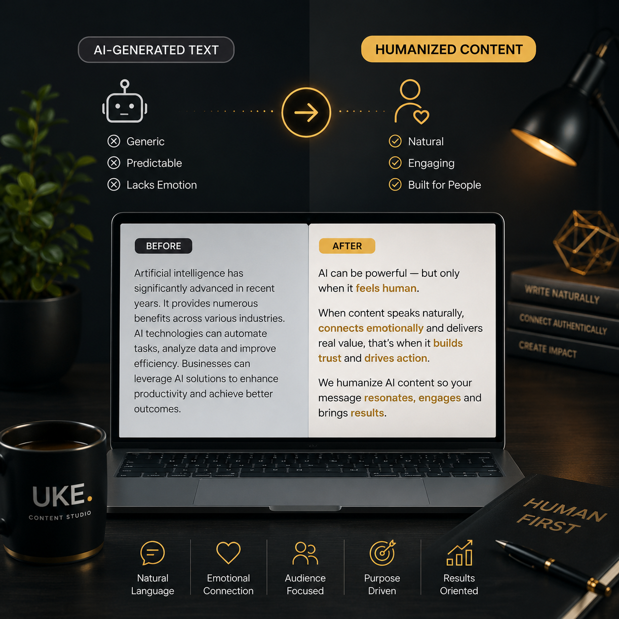 Comparison between generic AI writing and natural human-centered content