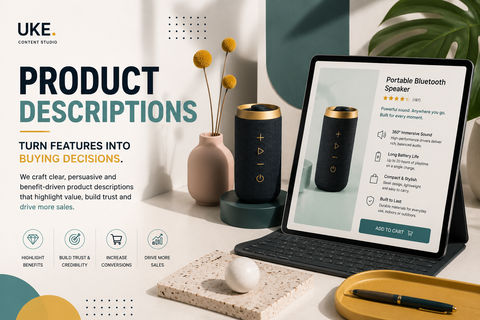 Product description strategy connecting features, customer benefits, trust and conversion
