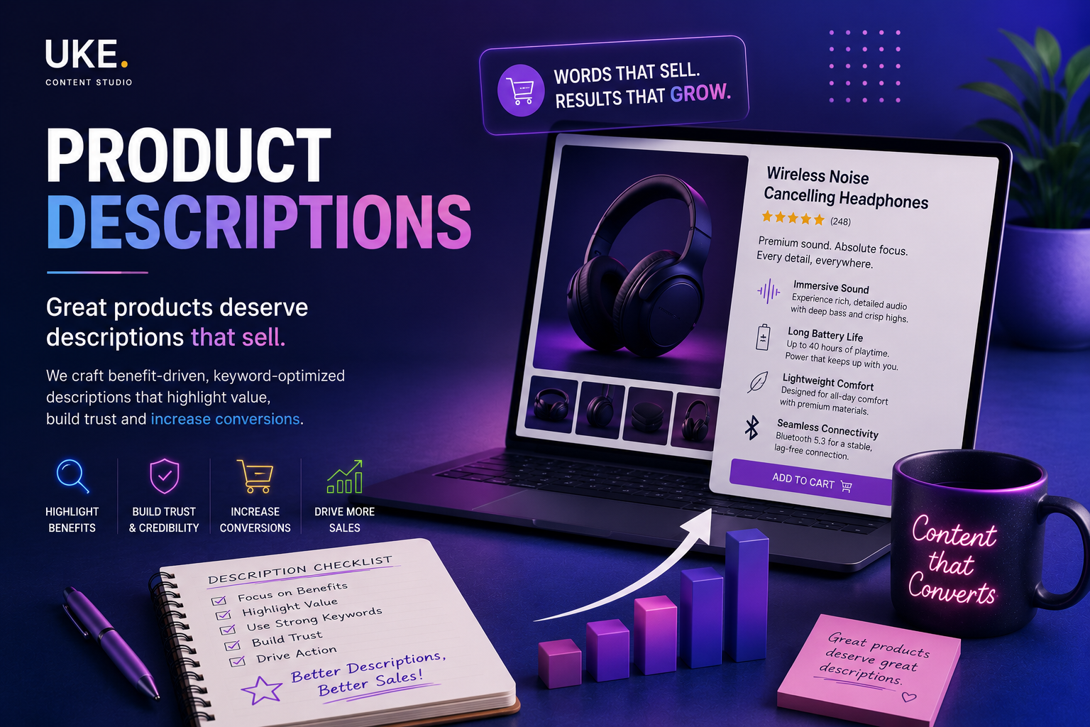 Modern product description system showing benefit-focused content and persuasive ecommerce presentation