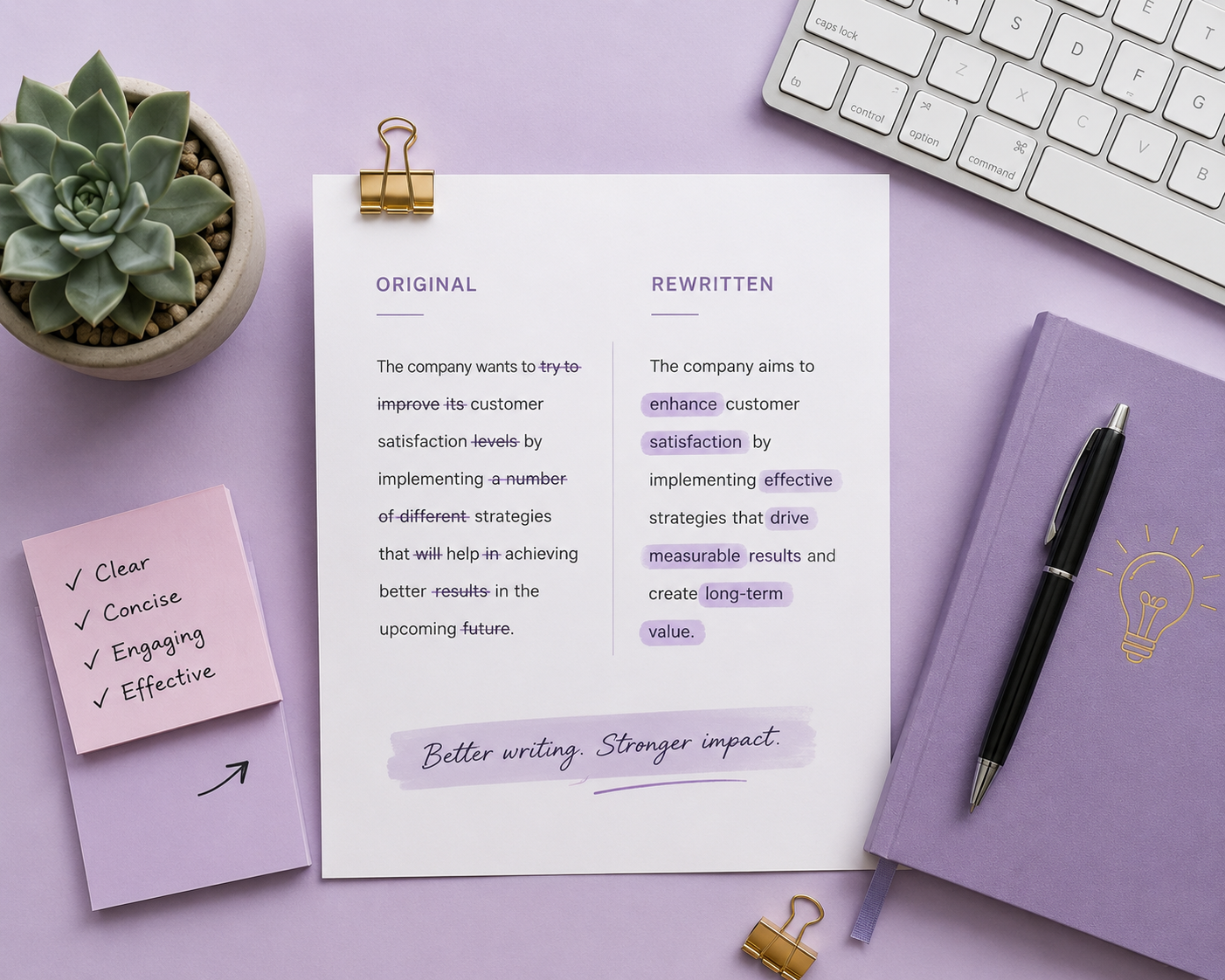 Editing workspace showing the transformation from original wording to improved content