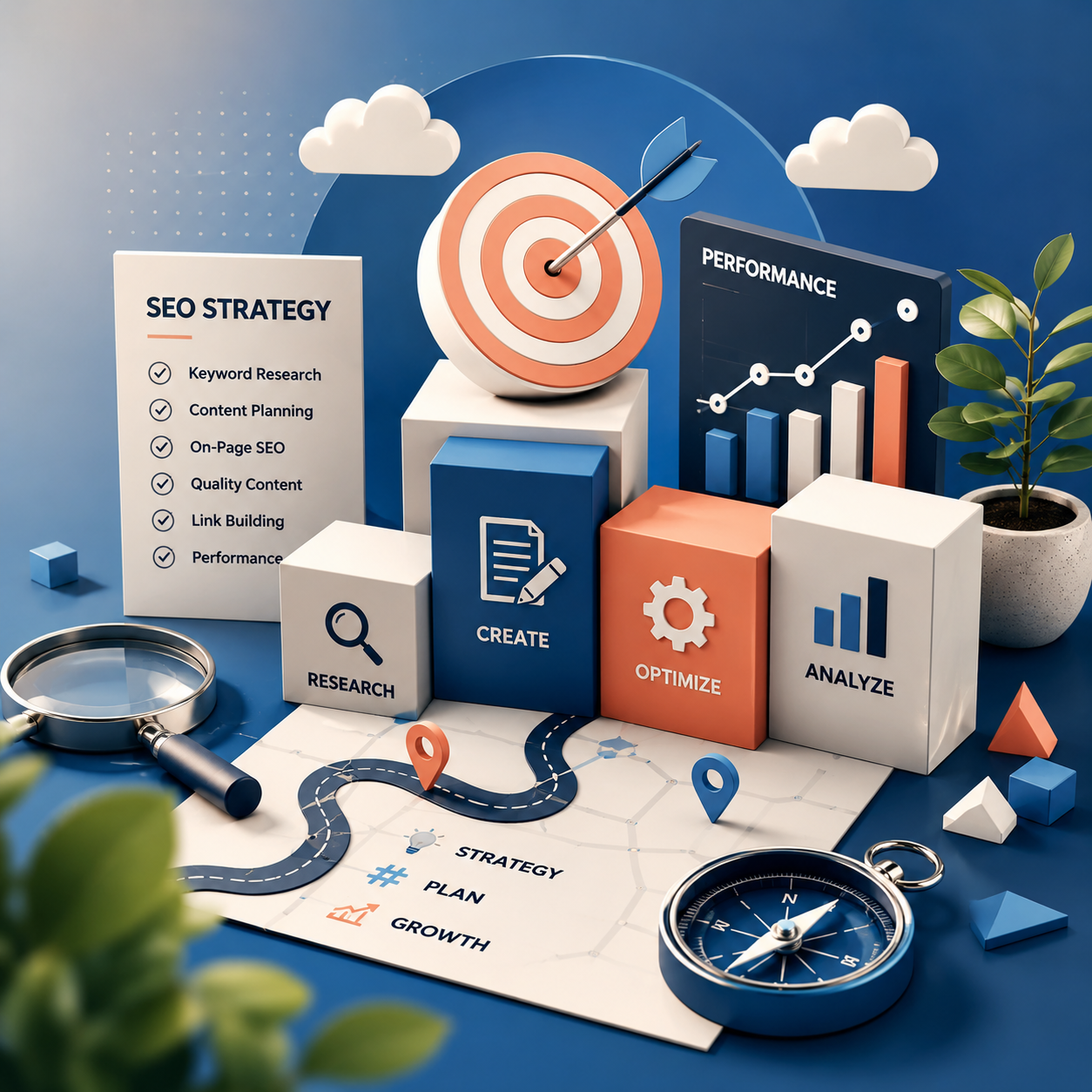 SEO workflow covering research, creation, optimization and analysis
