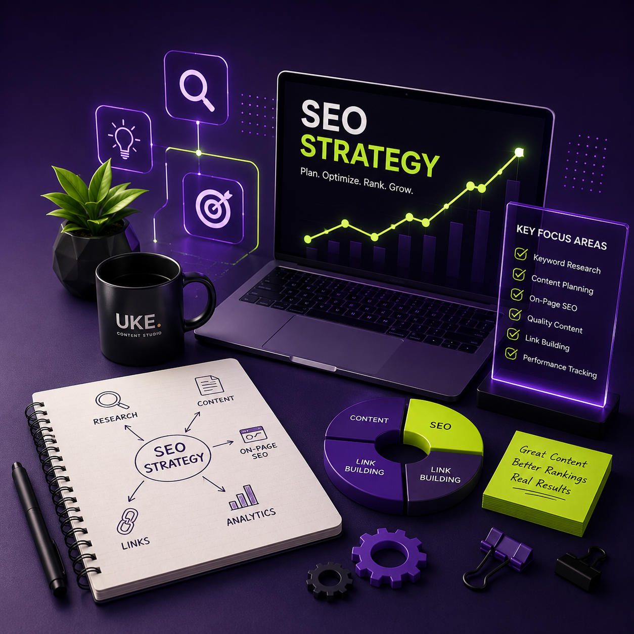 Modern SEO strategy system combining audience research, content planning and performance analysis