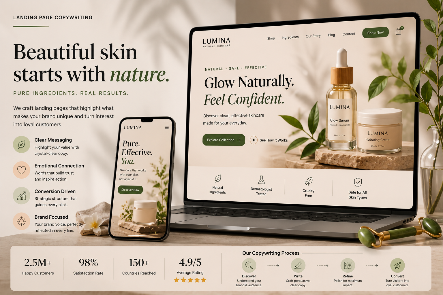 Premium natural skincare landing page with emotional brand messaging, product benefits and persuasive calls to action