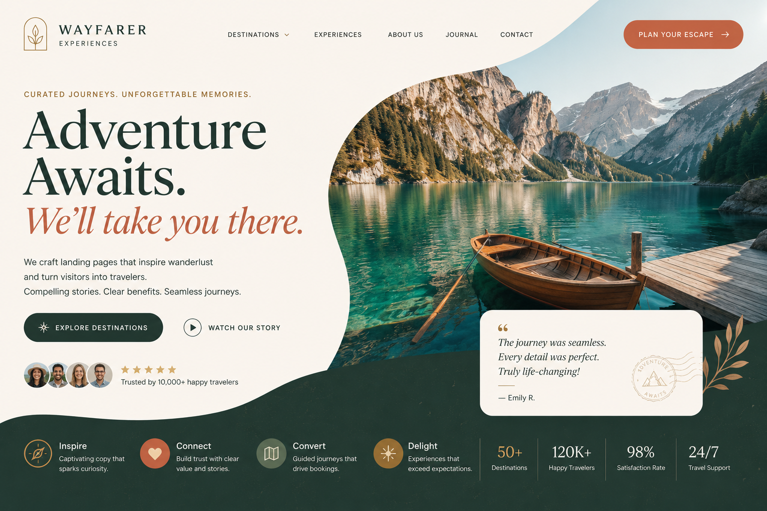 Premium travel landing page with destination storytelling, customer testimonial and booking-focused calls to action