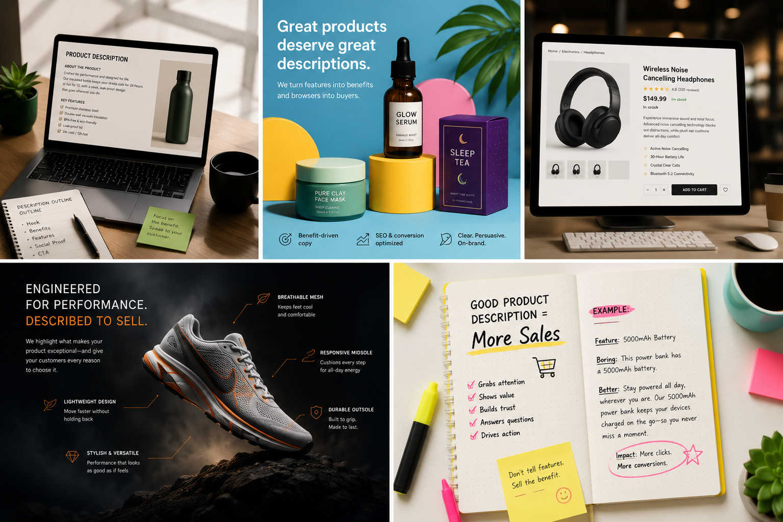Product description framework showing product pages, benefit hierarchy and copywriting structure