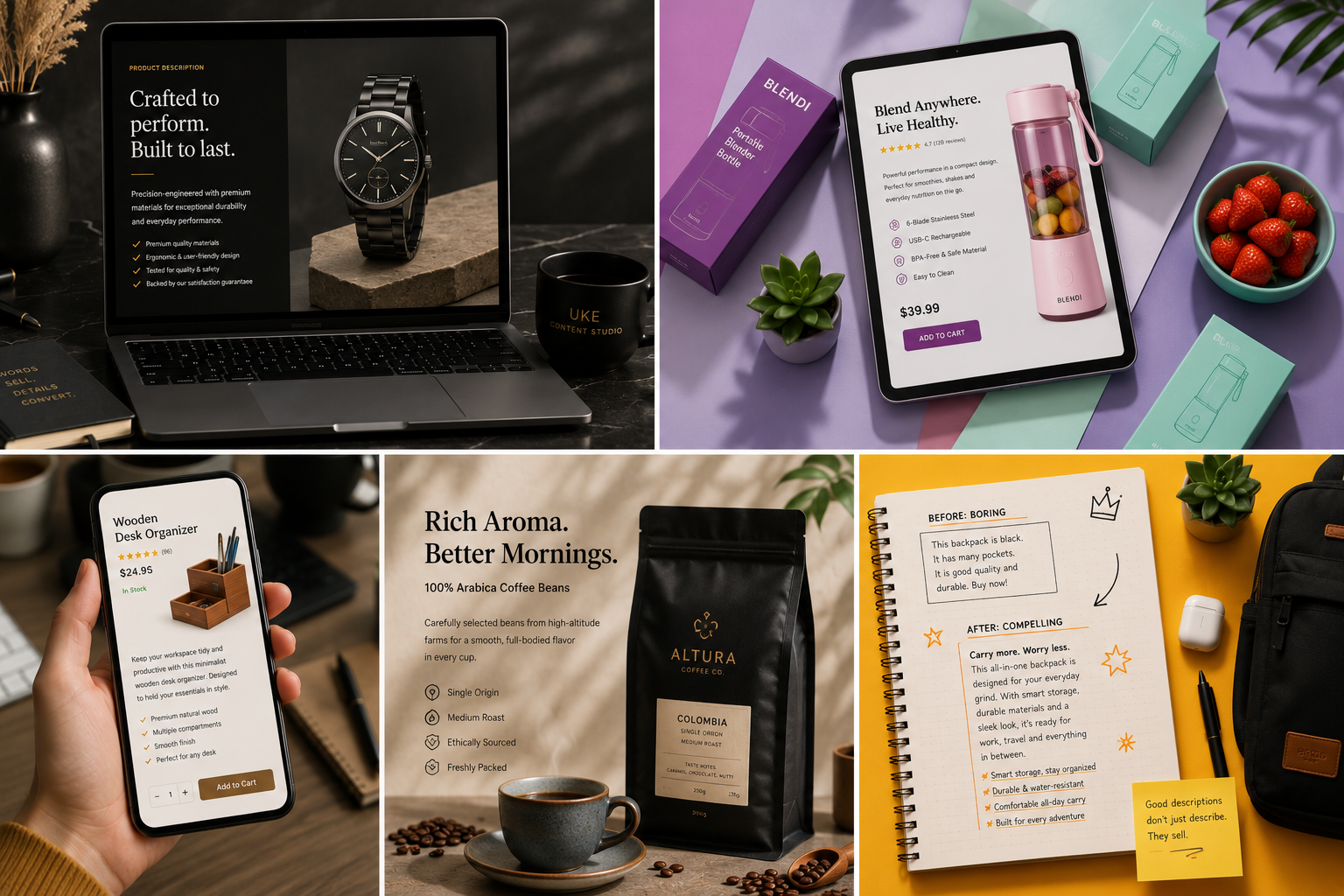 Multi-product brand showcase featuring watches, beauty products, coffee, accessories and lifestyle items