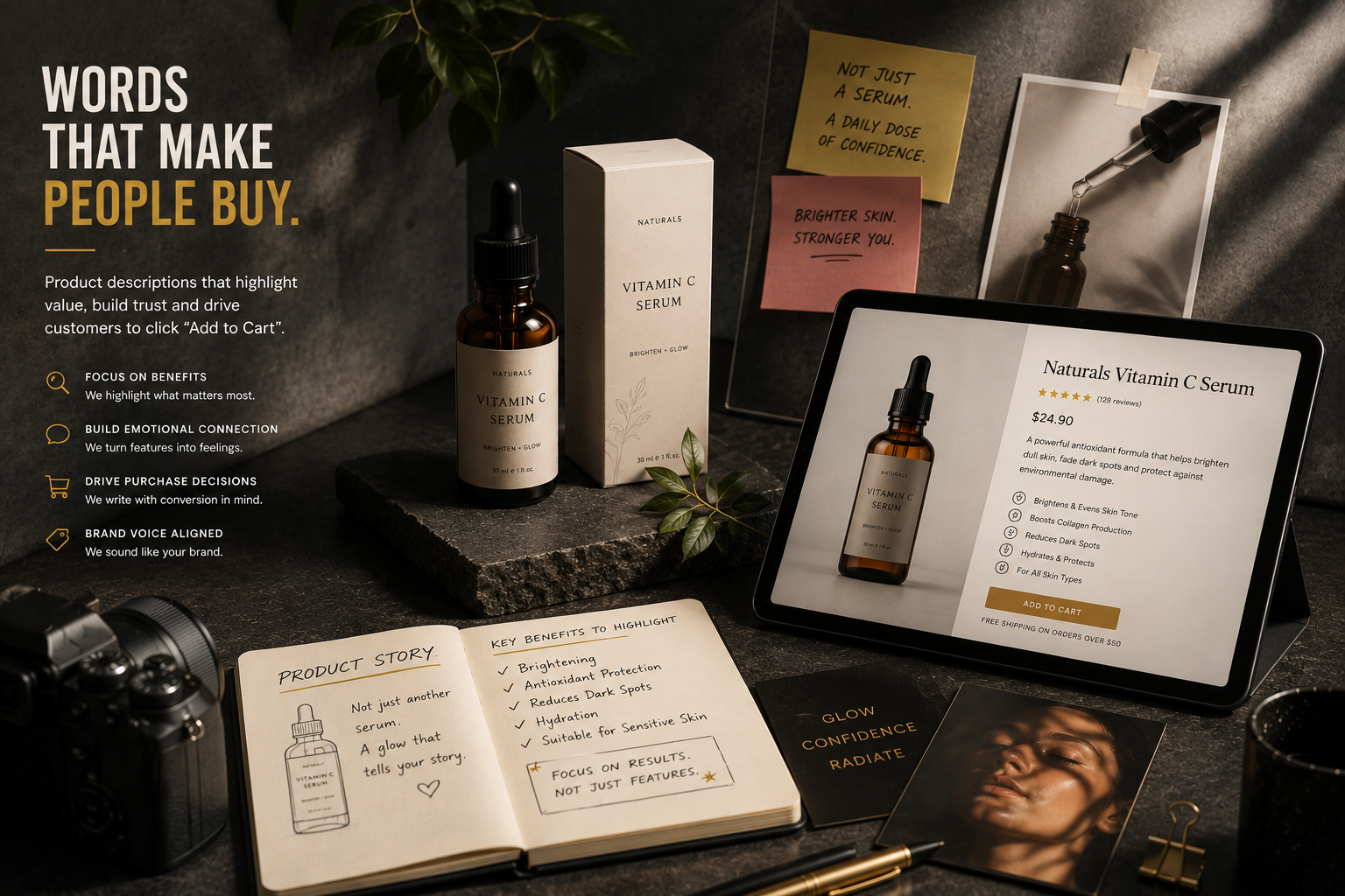 Luxury vitamin C serum presentation combining emotional messaging, premium positioning and product benefits