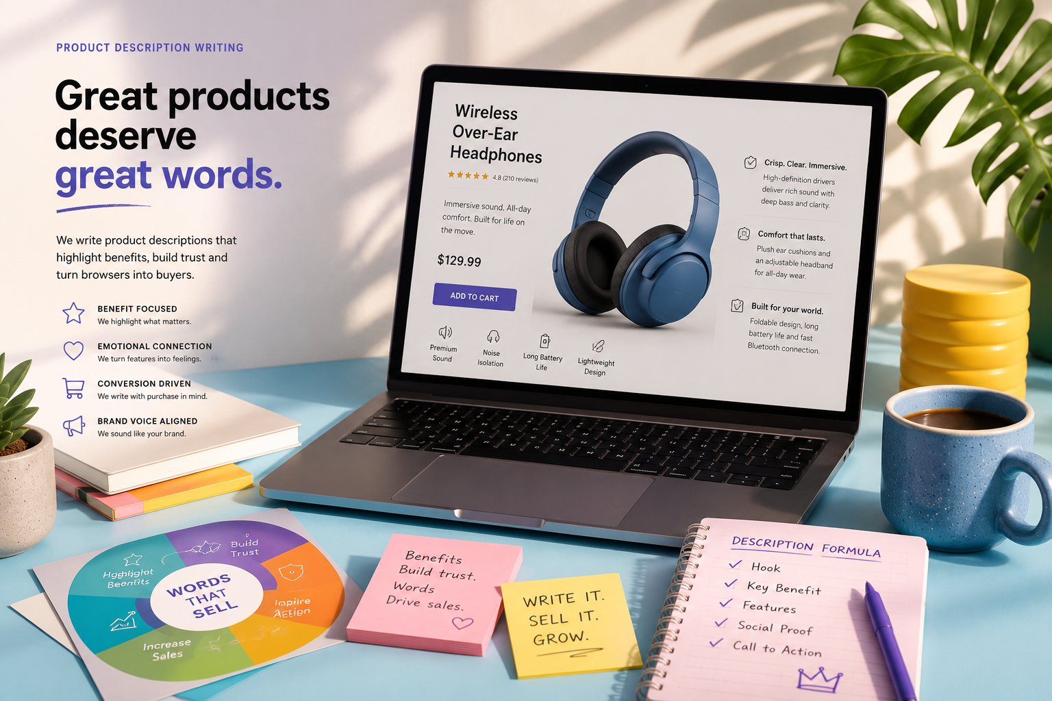Bright headphone product description layout focused on benefits, trust and purchase motivation