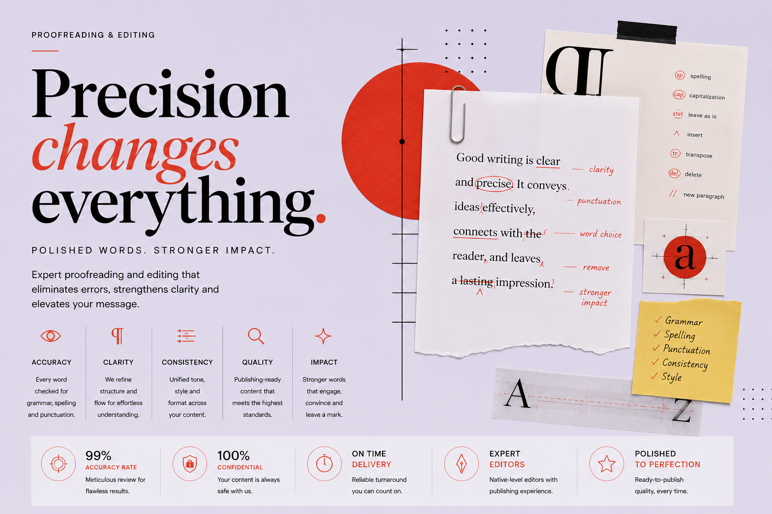 Bold proofreading layout with correction marks, grammar notes and structured editorial symbols