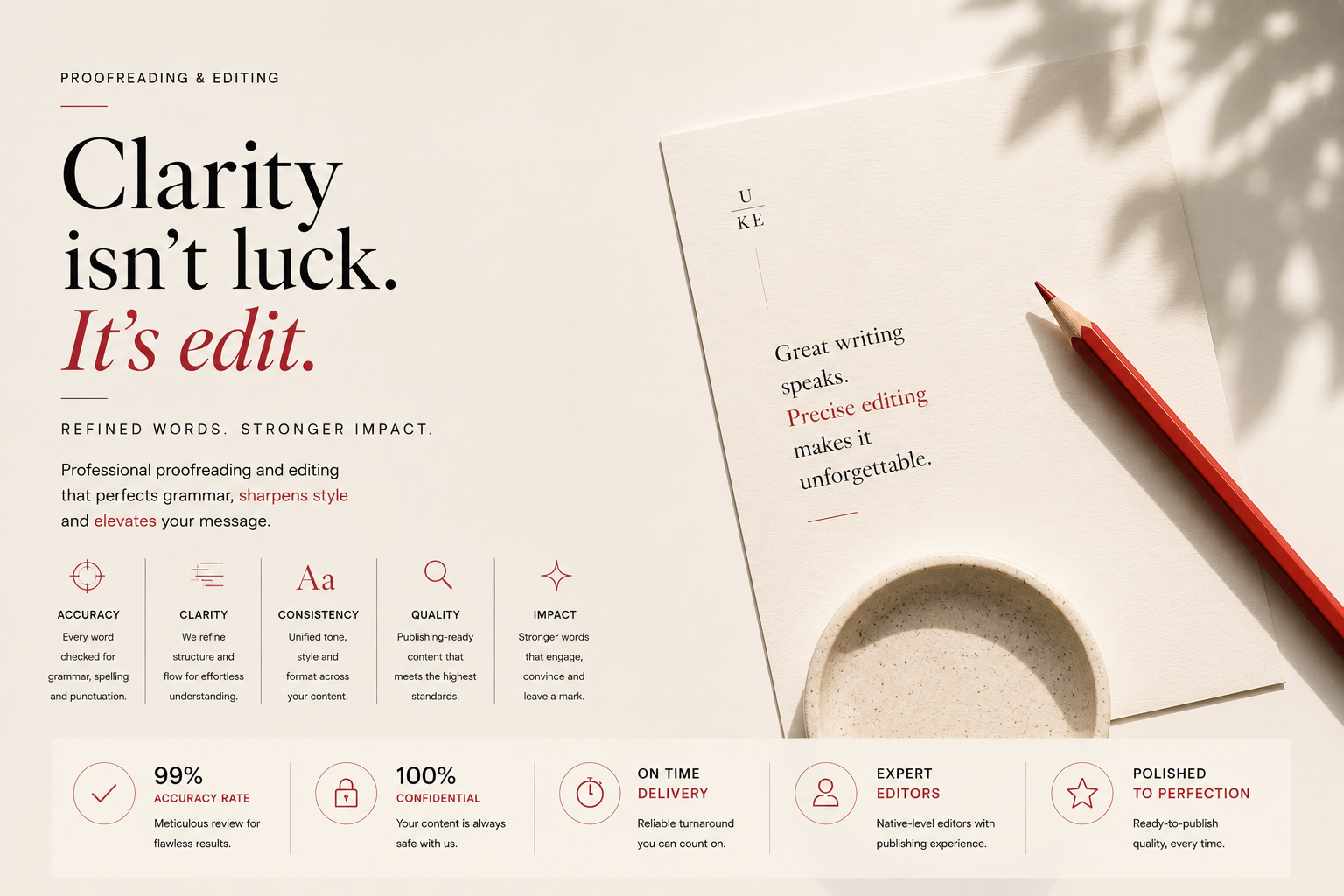 Minimal proofreading and editing concept with red pencil, refined copy and strong clarity message
