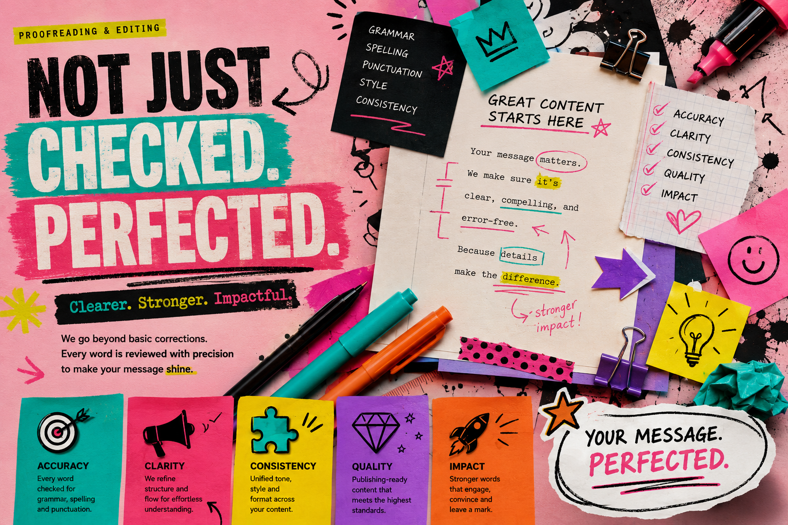Creative collage proofreading concept with colorful notes, correction marks and message refinement