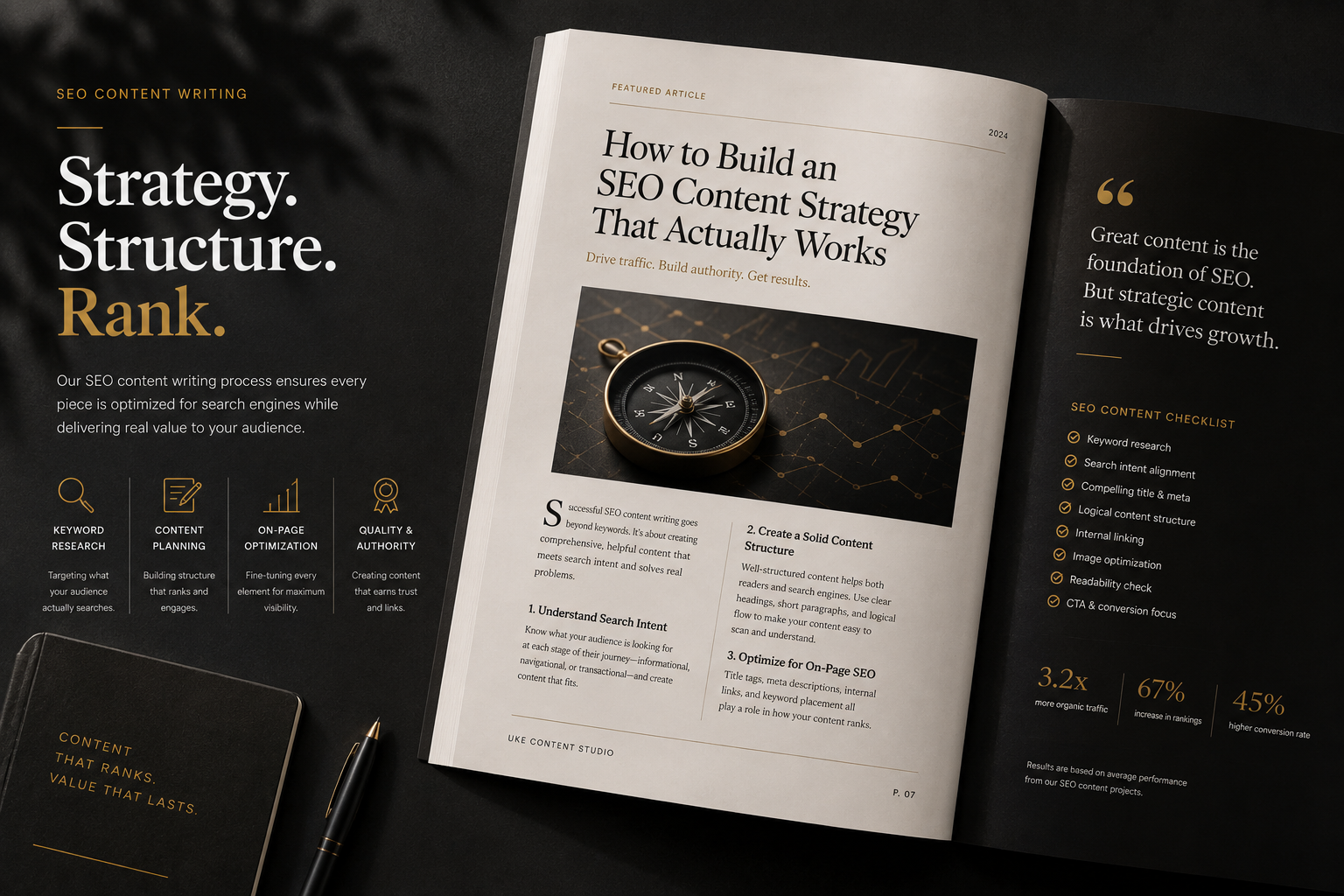 Premium magazine spread explaining how to build an effective SEO content strategy