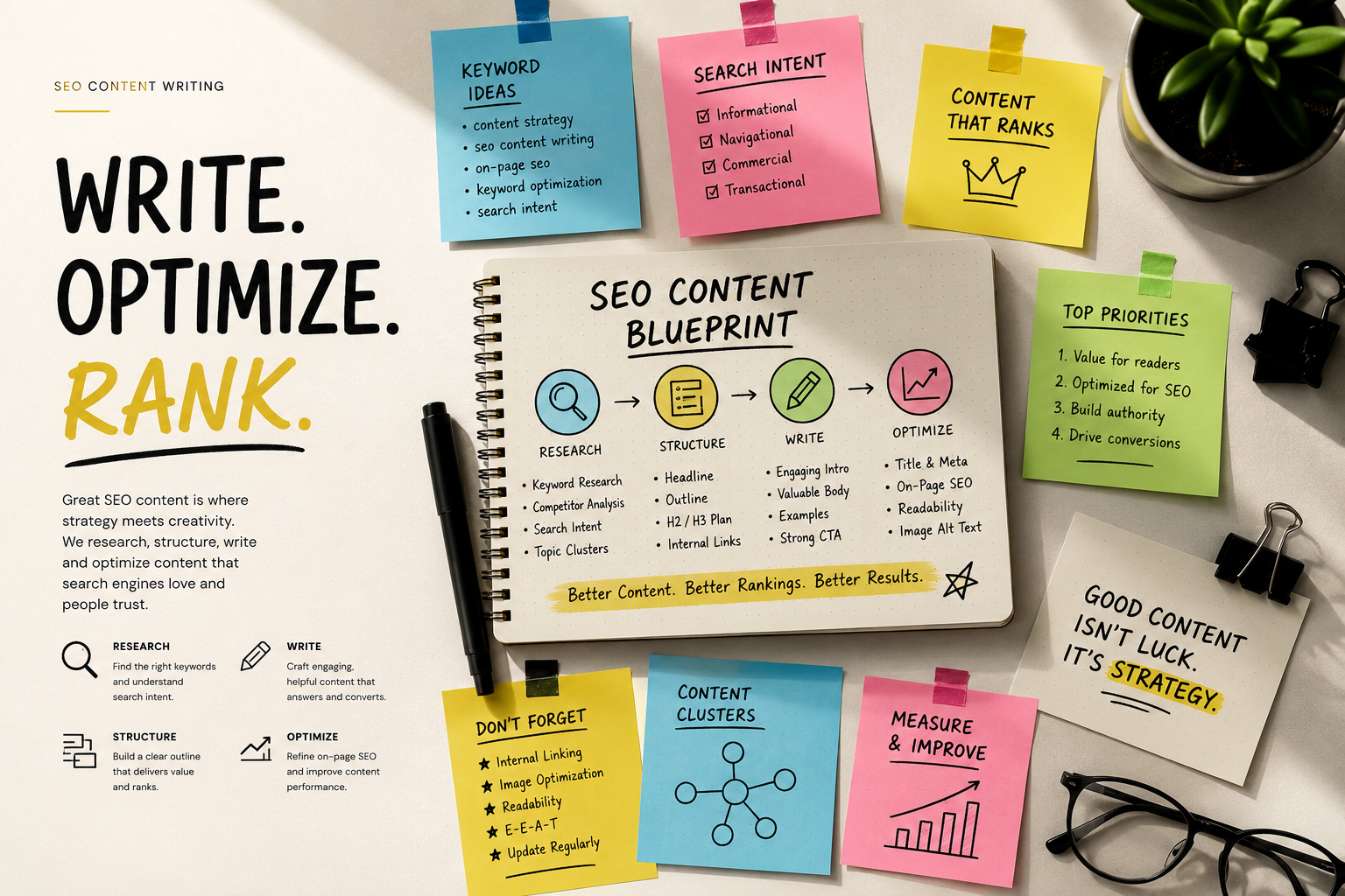 Colorful SEO content blueprint with keyword ideas, search intent notes and optimization workflow