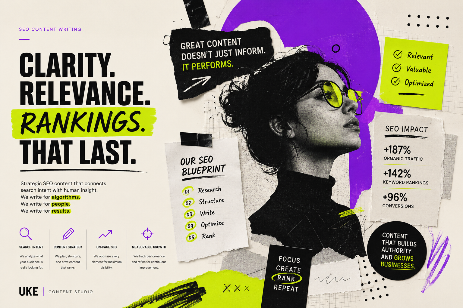 Bold collage poster combining SEO rankings, creative direction and content strategy