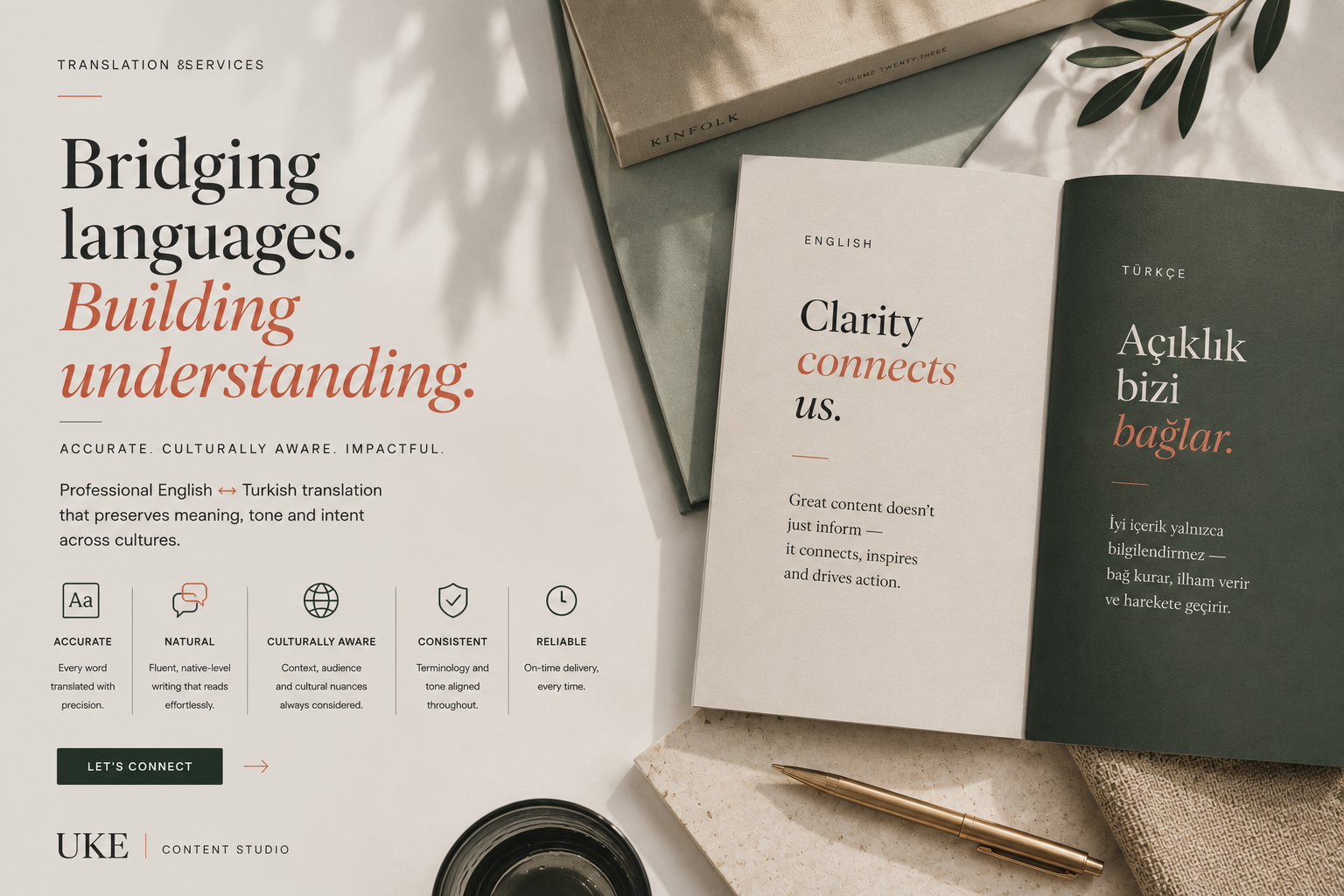Elegant English and Turkish translation concept focused on clarity, understanding and cultural connection