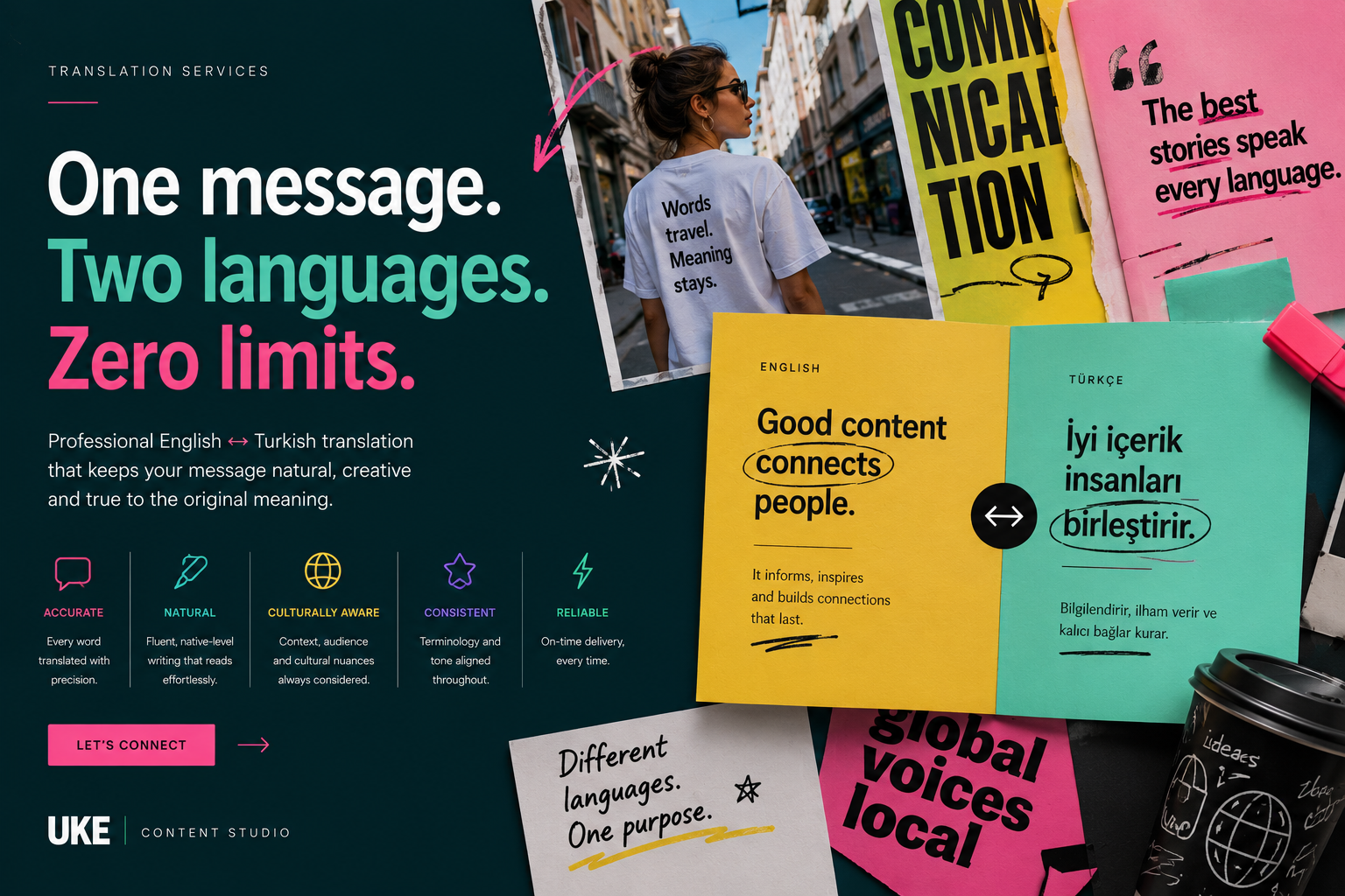 Creative English and Turkish translation concept with bold colors, global communication and natural localization