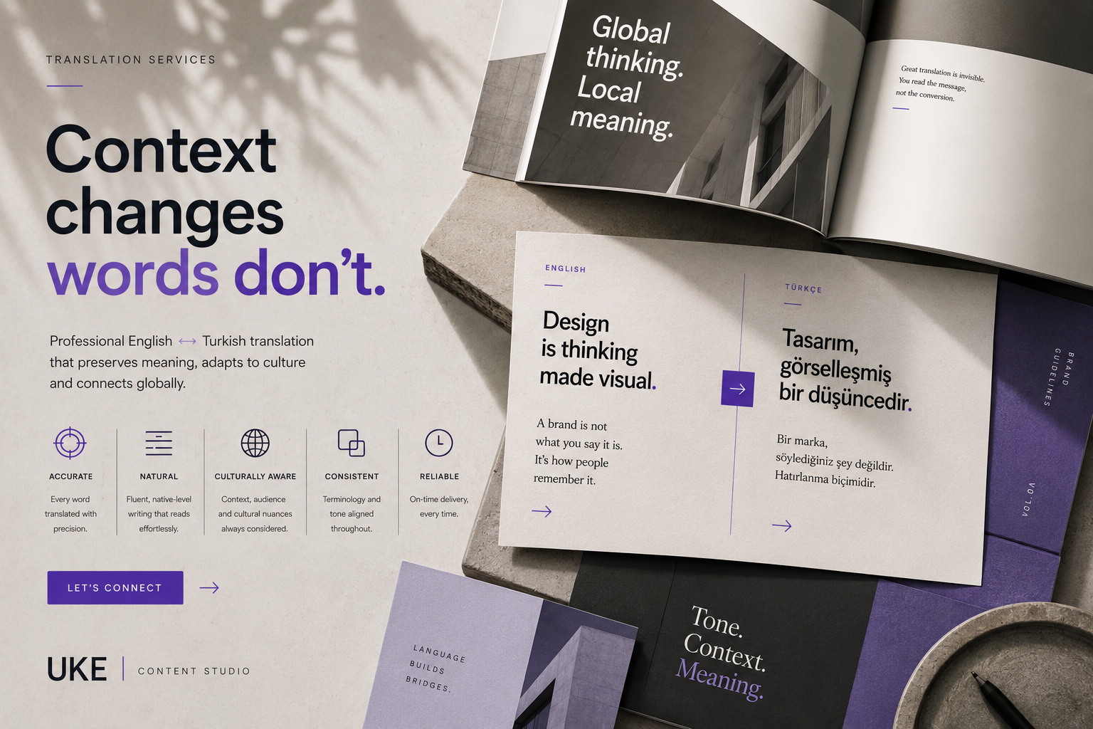 Premium brand translation layout comparing English and Turkish messaging with focus on context, tone and meaning