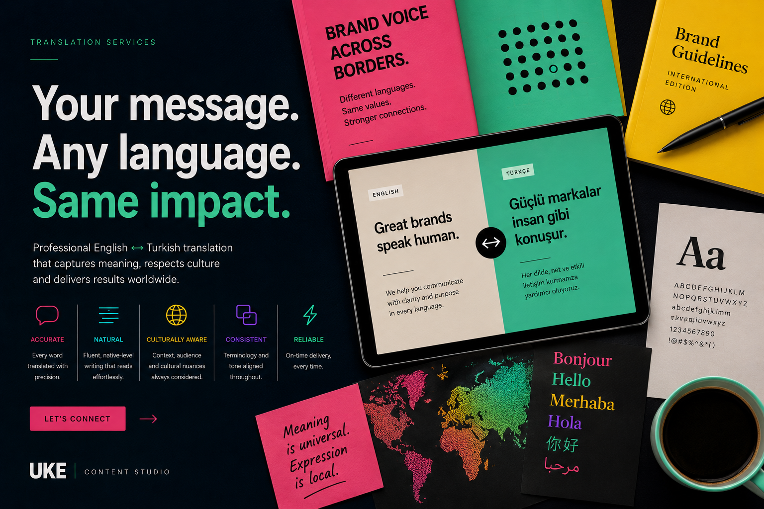 Modern global translation concept showing English and Turkish brand communication across markets