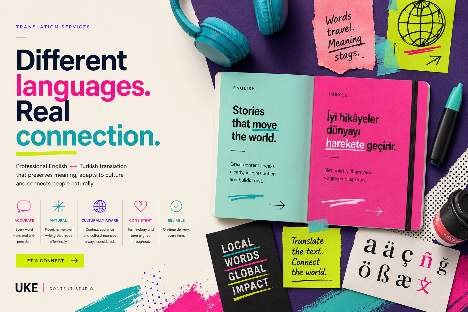Colorful English and Turkish translation concept focused on stories, connection and natural language