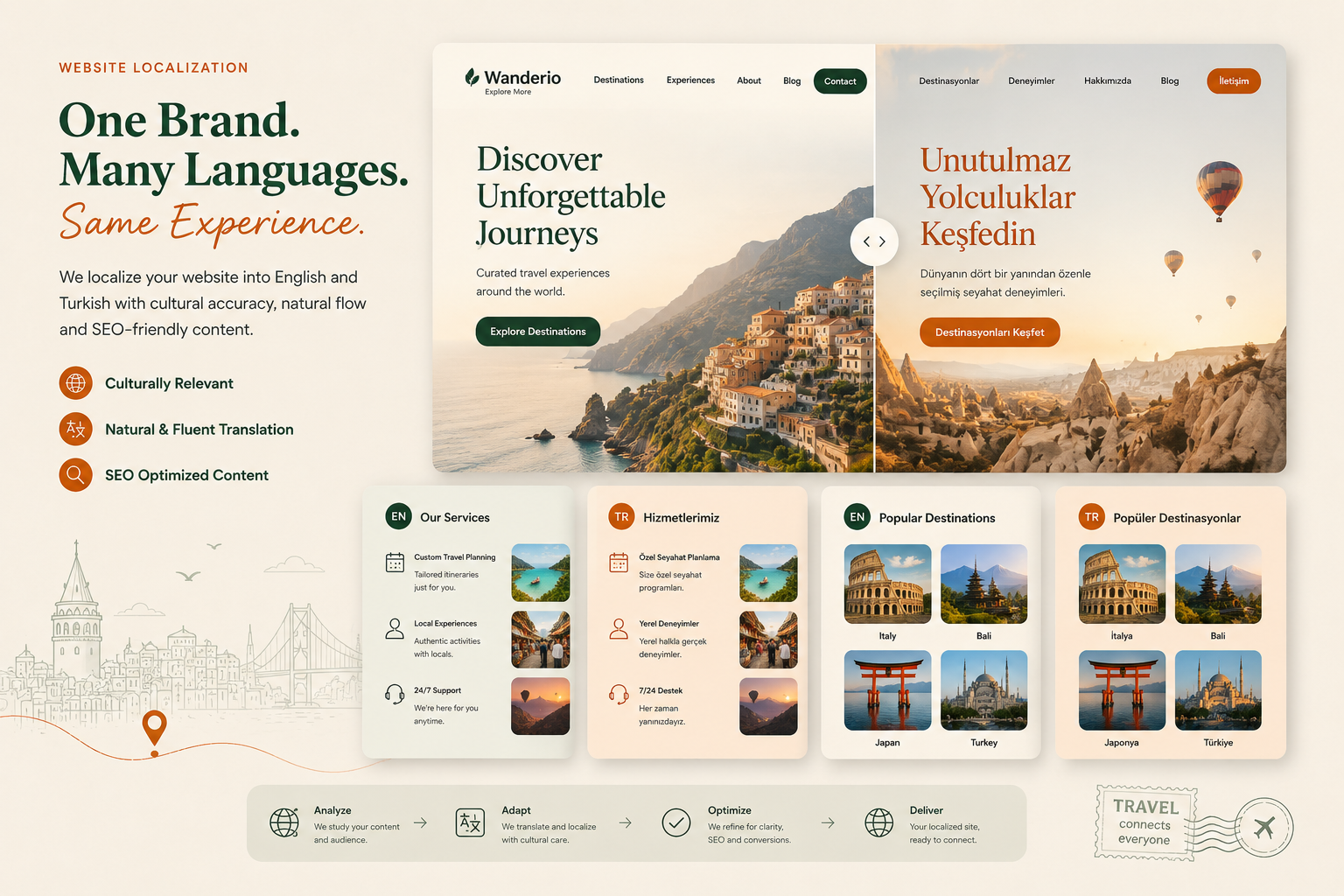 Travel website localized from English into Turkish with culturally adapted destination content